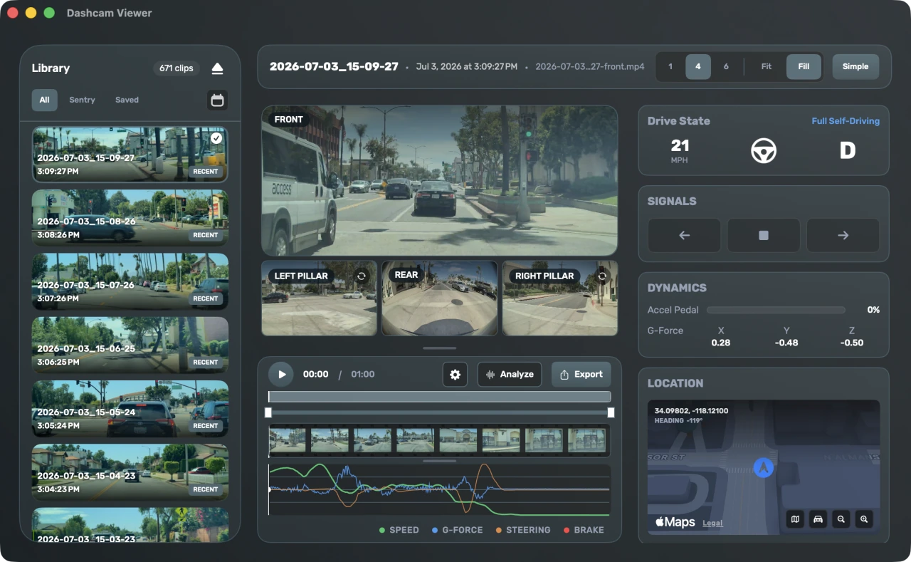 Dashcam Viewer showing synchronized Tesla camera footage, telemetry graphs and a map